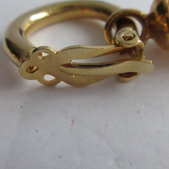 Clip On Hoop Huggie Earrings with Faux Pearl Dangle Charm Gold Tone Metal - Picture 7 of 11